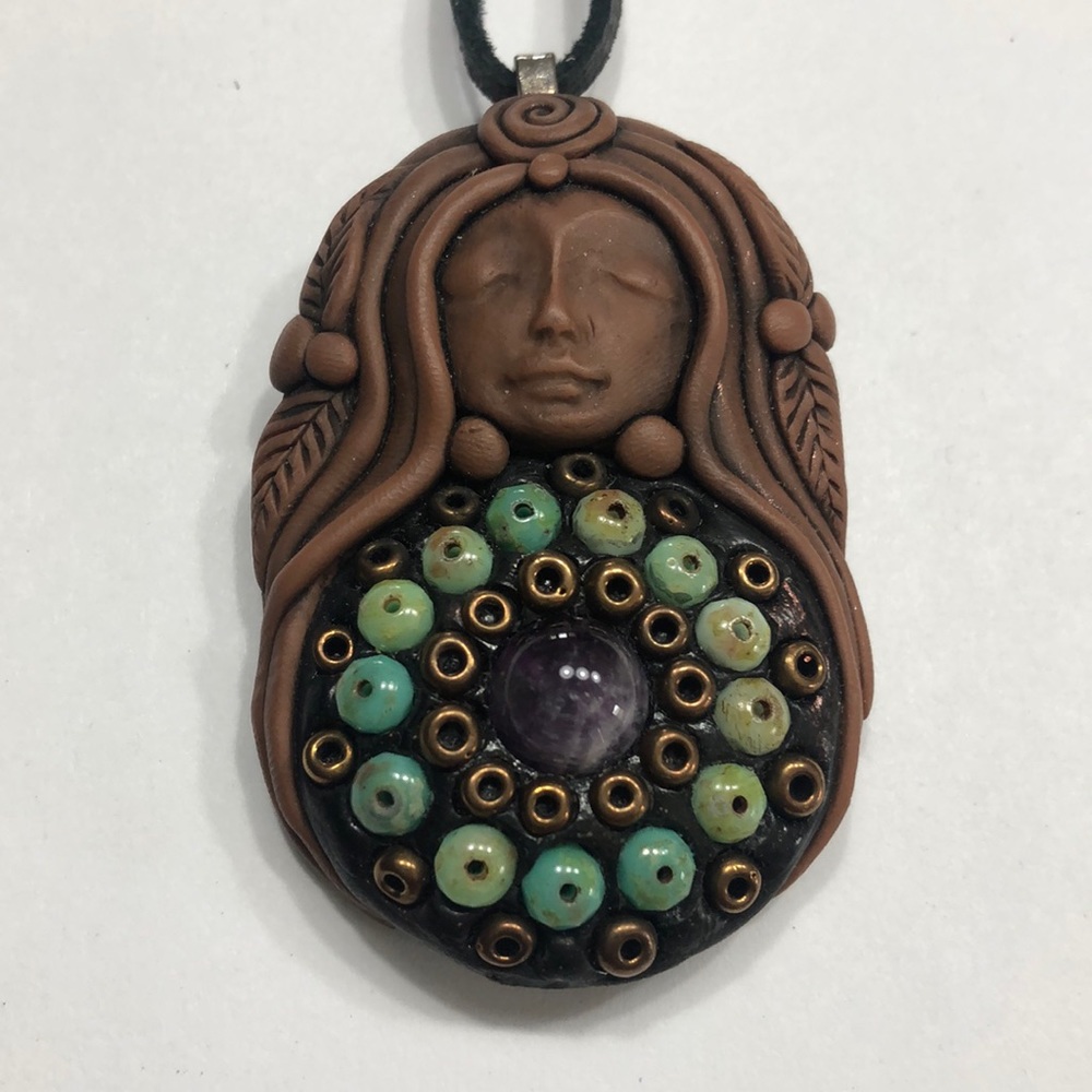 Goddess Within Clay Gemstone pendant on leather cord